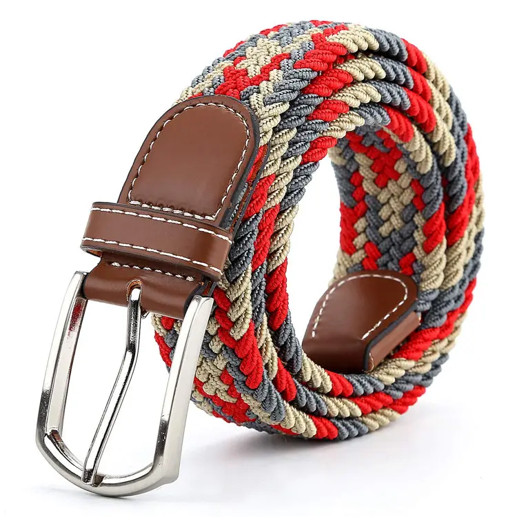 Custom Logo Wholesale Ladies Contrast Woven Weave Elastic Stretch Belt Pin Buckle Belts