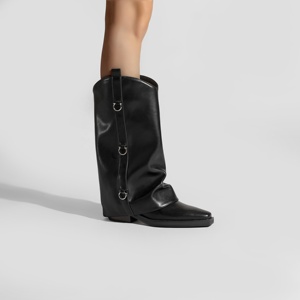 Bottes à bout carré pliables style streetwear, bottes western rétro en cuir craquelé, chaussures hautes au genou avec anneau en D audacieuses - Product Image 3