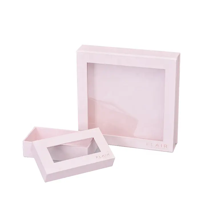 カスタマイズされた形状のパントンピンク印刷クリアウィンドウの蓋とベースの小さなジュエリー紙のギフトボックス