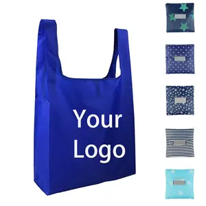 Custom Printing Logo Ripstop Machine Washable 190T Polyester Grocery Folding Tote Bag Reusable Rpet Foldable Shopping Bag