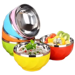 13cm 15cm 17cm Colorful Stainless Steel Metal Soup Bowl Dinner Food Basin Mixing Bowl With Lids For Children