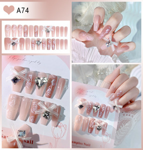 24 faux ongles à presser en acrylique, motif cœur 3D, lune, papillon, strass, nœud rose, perle, style français - Product Image 4