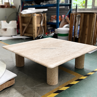 Table basse carrée en travertin naturel Wabi Sabi avec pieds ronds en pierre massif, meubles d'intérieur