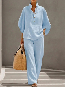 Lockerer Stehkragen-Leinen-Zweiteiler mit Fledermausärmeln und Weiten Hosen - Lässiges Alltags- und Urlaubsoutfit für Damen - Product Image 6