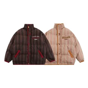 LAYENNE Men's Warm Winter Puffer Jacket Rose Embroidery <strong>Striped</strong> Thicken Coat Padded Oversize High Street Unisex Coat - Product Image 5