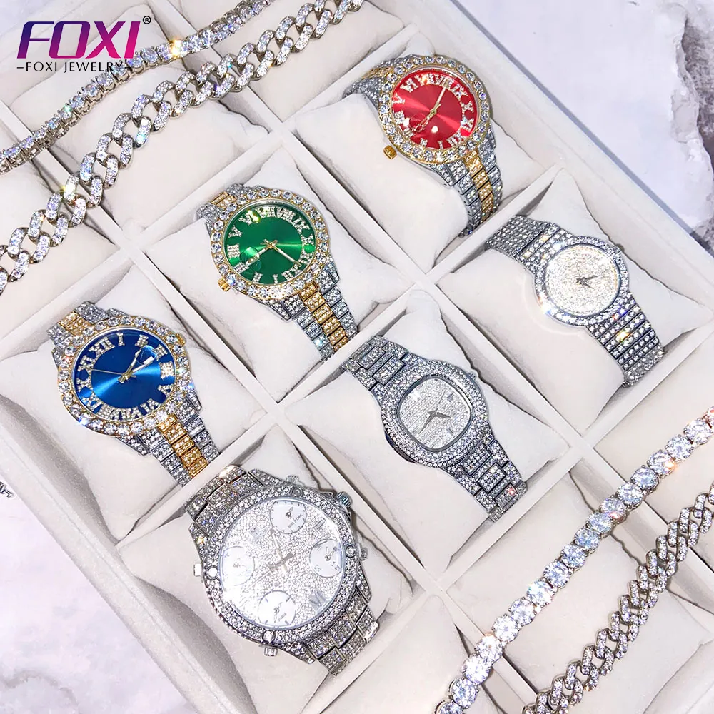 Foxi jewelry Drop Shipping Stainless Steel Luxury Wristwatches Hip Hop Icy Diamond Studded Watches for Men Women