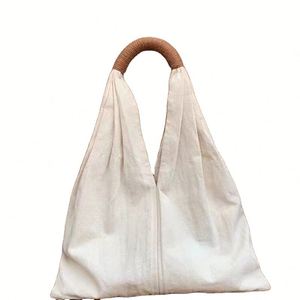 Japanese Style Cotton Linen Tote Bag with Braided Handle Casual Minimalist <b>Handbag</b> - Product Image 1