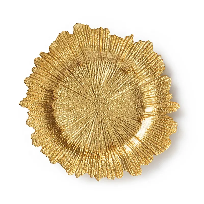 Low Price Reusable Thick Plastic Gold Reef Wedding Party Decorative 13 Inch Charger Plate