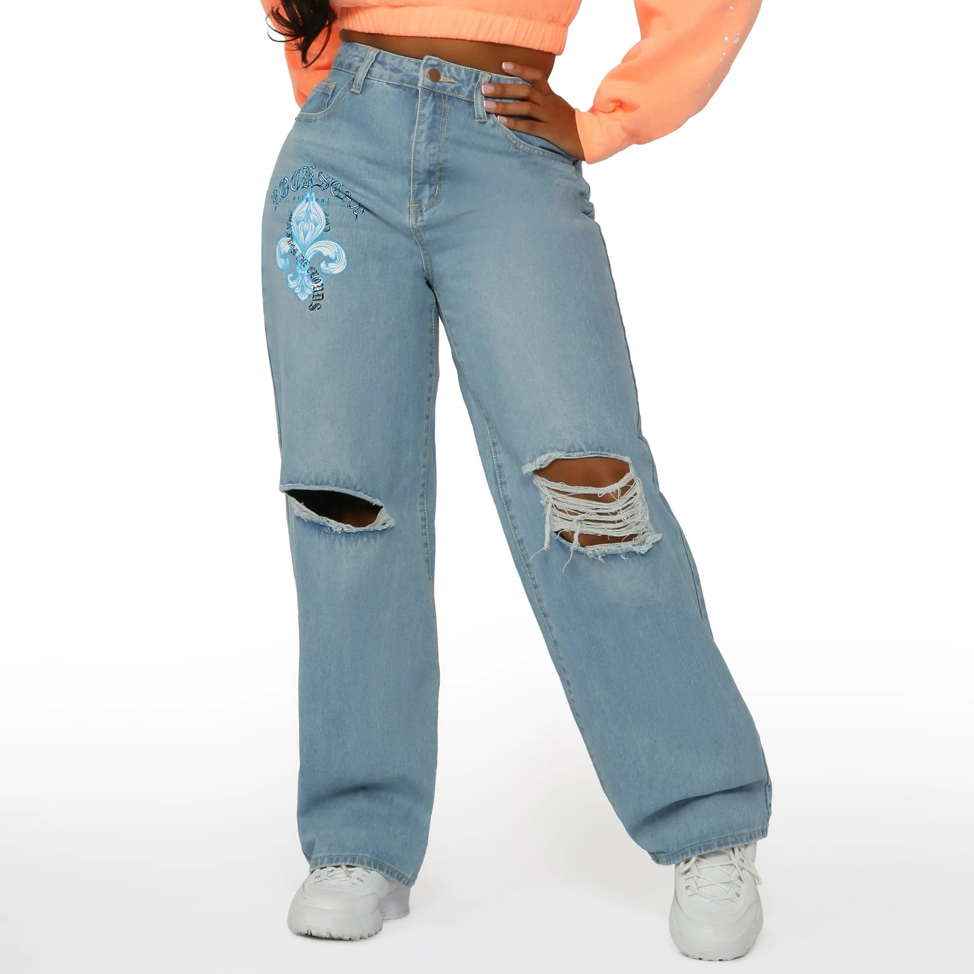 Custom Europese Gescheurde Wide Leg Jongen Vriend Non Stretch Hight Taille Big Size Dames Dames Jeans