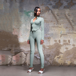 Ensemble deux pièces pour femmes, couleur unie, haut à manches longues avec fermeture éclair, pantalon extensible, extensible dans les quatre sens, costume décontracté FD8641 - Product Image 1