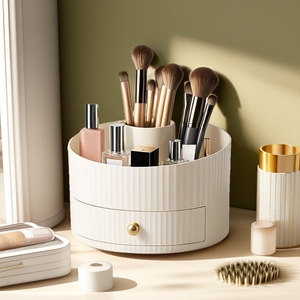 Boîte de rangement cosmétique avec tiroir, organisateur de maquillage en plastique blanc pour pinceaux, rouge à lèvres et bijoux - Product Image 2