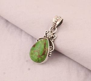 Solide 925 Sterling Silver Boho Floral Teardrop Pendentif Fait À La Main Femmes Vert Cuivre Turquoise Collier Rhodium Fine Pendentifs - Product Image 4