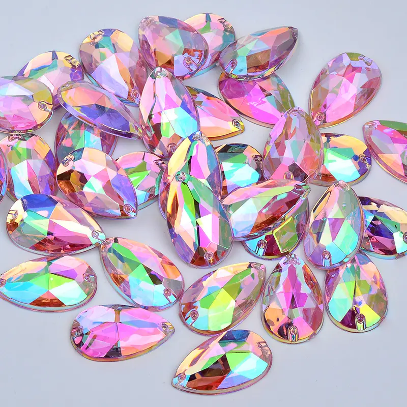 Faux diamants à coudre des cristaux AB roses de 17x28mm, l'application de faux diamants acryliques en forme de goutte d'eau, couture de Strass pour l'artisanat du bricolage