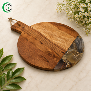Planche à fromage décorative en bois brun et marbre gris de 15 pouces avec bande de jute, plateau de service en pierre naturelle pour cuisine et maison - Product Image 3