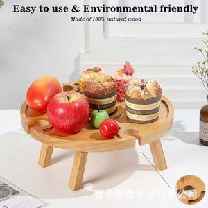 <b>Wooden</b> Outdoor Picnic <b>Table</b> Round <b>Foldable</b> Solid Wood Fruit Storage Tray With Wine Glass Holder - Product Image 4