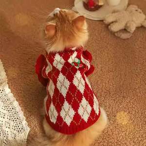 Queda <span class=keywords><strong>Pet</strong></span> Roupas Quentes Tecido De Malha Fina Vestuário Bonito Lace Lapel Bordado Cherry Plaid Padrão V-neck Cat Winter Sweater - Product Image 2