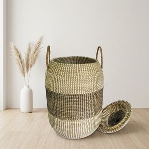 Decorative Two-tone Striped <b>Wicker</b> Laundry Basket with Cover and Rope Handles Rustic Handmade Home Storage Organizer <b>Bin</b> - Product Image 4