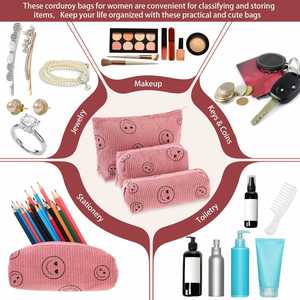 Smiley Face Makeup <b>Bag</b> Cute pink Corduroy 3pcs Toiletry <b>Bags</b> for Women Soft <b>Mini</b> Skincare Organizer - Product Image 3