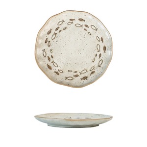 Assiettes en grès japonais rustique moucheté, bord ondulé irrégulier, motif poissons et pissenlits, vaisselle en céramique pour la restauration en gros - Product Image 5