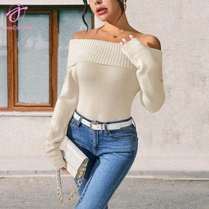 Loveda all'ingrosso da donna Slim Fit colletto <span class=keywords><strong>monospalla</strong></span> maglione Sexy off the shoulen tinta unita <span class=keywords><strong>maglia</strong></span> di Base - Product Image 4