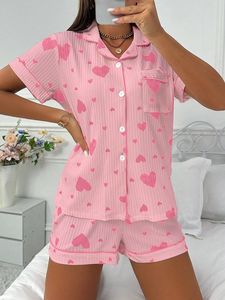 Conjunto de Pijama Casual para Mujer, Estampado de Corazones, Una Camiseta de Manga Corta, Un Par de Pantalones Cortos, Lazo, para Verano, Ropa de Dormir para la Noche - Product Image 6