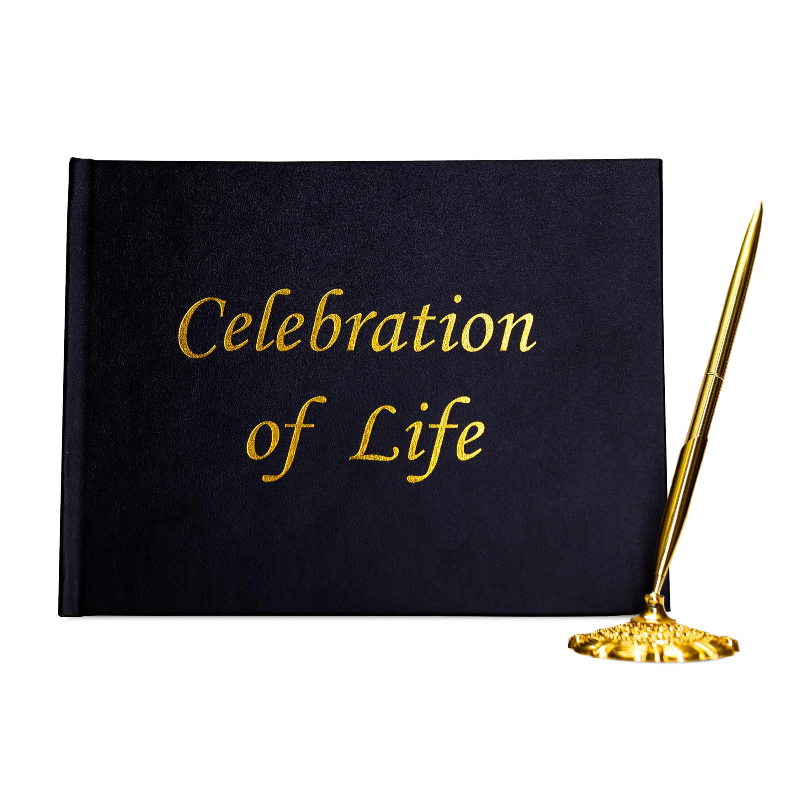 Foil emas bermata Premium perayaan kehidupan masuk di buku sampul keras kulit buku tamu pemakaman dengan pena