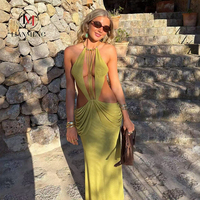 LM R889 Robe longue de soirée vert olive, style licou, à découpes multiples, taille profondément échancrée, drapée, froncée, moulante, dos nu