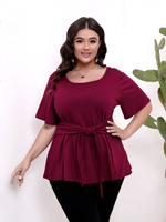 T-shirts pour femmes européennes et américaines, grande taille, vêtements pour femmes, hauts simples à manches courtes, col rond, ceinture, amincissants