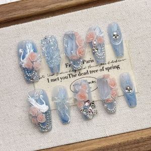 <span class=keywords><strong>Uñas</strong></span> Postizas Cortas Cuadradas Acrílicas Hechas a Mano con Diseño de Medusa Azul, <span class=keywords><strong>Uñas</strong></span> Postizas de Almendra para Mujer, Estilo Veraniego - Product Image 4