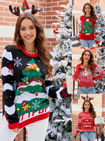Nouveau pull jacquard tricoté à effet 3D motif sapin de Noël dessin animé, col rond, manches longues, ample et épais, automne-hiver