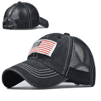 Gorra de malla de red con agujero de cola de caballo lavado de algodón, gorra de camionero bordada con bandera de EE. UU., gorra de béisbol transpirable desgastada para mujer