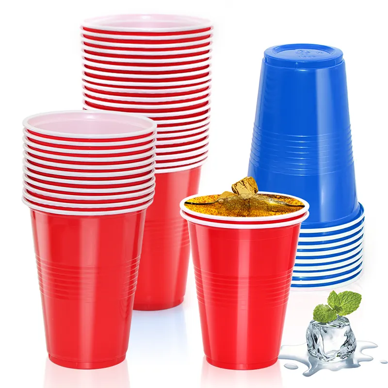Juego De Beer Pong personalizado de 475 ml al por mayor, juego de fiesta PP de plástico desechable resistente, vasos rojos para beber de 16 oz con pelotas de ping pong