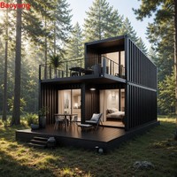 Maison conteneur de luxe à 2 étages, villa modulaire préfabriquée en bord de lac, cabane de glamping avec terrasse et porte vitrée