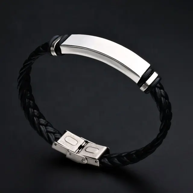 Hot Selling Simple Adjustable Custom Engrave Logo Stainless Steel Anchor Braided Black Pu Leather Wrap Woven Bracelet For Men