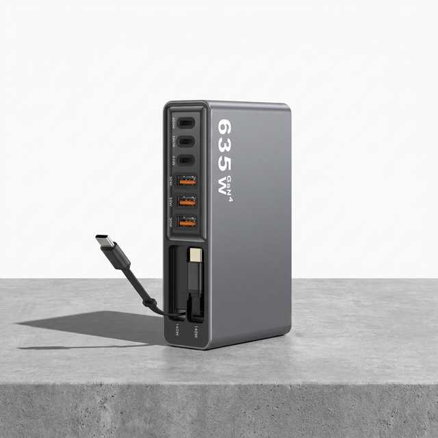 635W GaN4 Wall Charger 6USB 2Built-in Type-C Cable Multi-Port Fast Charging Block Max 140W PD Laptop Phone Charger