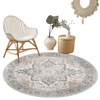 Tapis rond vintage GENIMO à poils plats, couleur unie, 160 cm, polyester lavable pour salon, beige