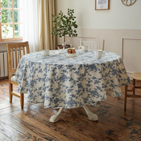 Nappe Ronde Imprimée Tissée Moderne Faux Lin, Fleurs, Anti-Taches et Lavable pour Intérieur Extérieur