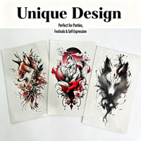 Nouvelles tatouages temporaires 3D noirs réalistes : lions, tigres et loups flamboyants – autocollants de tatouage pour Halloween à appliquer sur la moitié du bras
