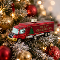 Hiasan Gantung Pohon Natal Merah Emas Hijau dengan Glitter, Truk Pengiriman Natal, Ornamen Kaca Figurine