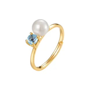 Dainty gold plated jewellery blue topaz white Sterling silver pearl gemstone ring