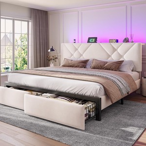 Cadre <span class=keywords><strong>de</strong></span> <span class=keywords><strong>lit</strong></span> Queen moderne avec 2 tiroirs, <span class=keywords><strong>tête</strong></span> <span class=keywords><strong>de</strong></span> <span class=keywords><strong>lit</strong></span> capitonnée avec station <span class=keywords><strong>de</strong></span> charge, capitonnage boutonné en velours, lumières LED - Product Image 2