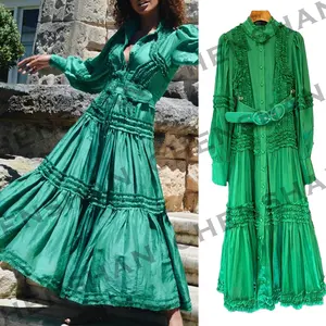 Custom Vestido De Gasa Women'S Maxi Dress Ruffle Long Sleeve Drawstring Vintage Maxi Luxury Chiffon Kaftan Dresses For Women
