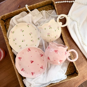 Set Cangkir dan Tatakan Kopi Keramik Buatan Tangan Grosir Pabrik Baru, Set Mug Bulat Lucu dengan Desain Pita, Cangkir Girly - Product Image 6