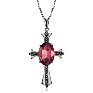 Black Cross and Wine Red Zircon Necklace Pendant Authentic 925 Sterling Silver for Women Necklace Jewelry making Fine Accessory