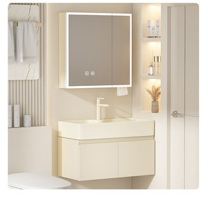 Cream wind multi-layer thick solid wood rock board integrated basin intelligent lighting <b>mirror</b> <b>small</b>-sized bathroom cabinet - Product Image 2