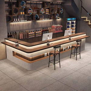 Comptoir de bar en bois industriel avec éclairage LED pour bar à domicile, club, usage commercial, réception, services aux clients, bureau d'accueil - Product Image 4