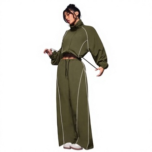 Women's Olive Green 2 Piece Set <b>Turtleneck</b> <b>Crop</b> <b>Top</b> Wide Leg Pants Casual Loose Fit Breathable Knitted Fabric women set's - Product Image 1