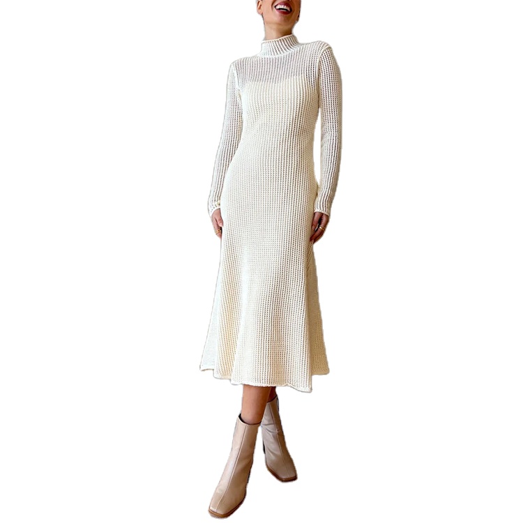 Low Price Winter White Turtleneck Dress Soft Knitted Material