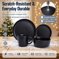 Service de table en céramique noir mat de luxe 16 pièces avec un design moderne, compatible lave-vaisselle et four, pour la maison et la restauration