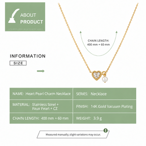 Collar de Cadena con Eslabones de Perlas de Imitación y Circonita Cúbica en Forma de Corazón, Acero Inoxidable, Chapado en Oro de 14K, Color Oro o Plata, para Mujer - Product Image 2